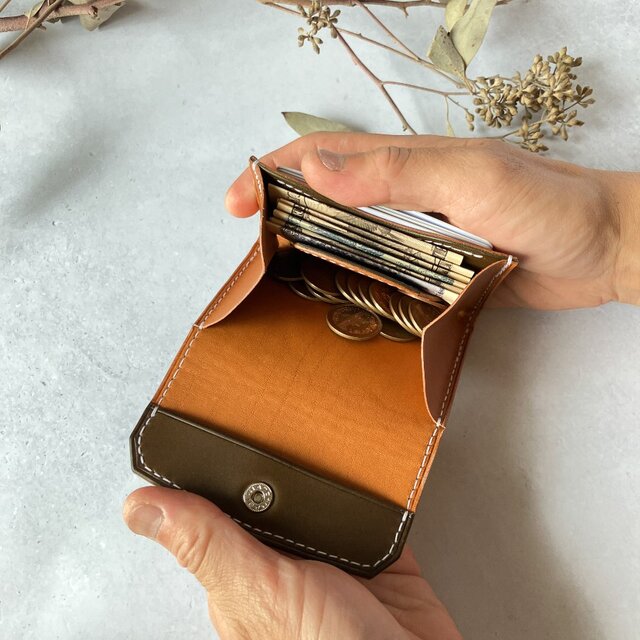 フラップミニウォレット（オリーブ×キャメル） ミニ財布 バイカラー
