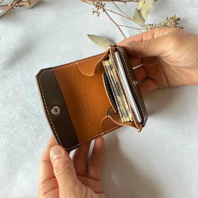 フラップミニウォレット（オリーブ×キャメル） ミニ財布 バイカラー