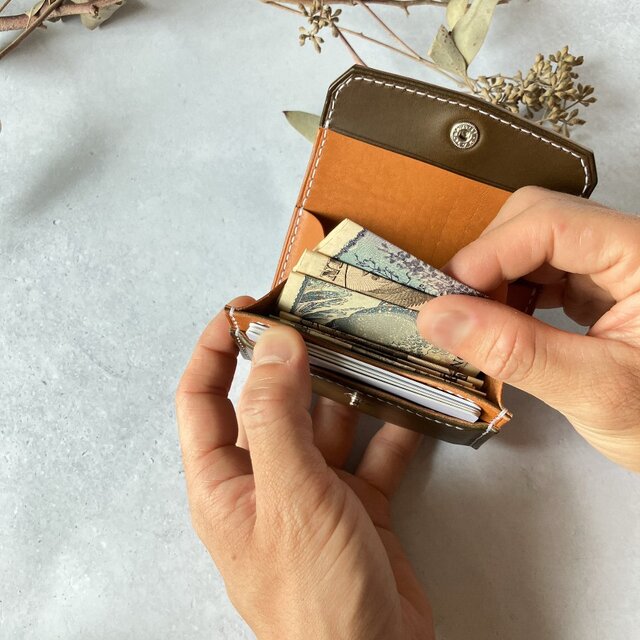 フラップミニウォレット（オリーブ×キャメル） ミニ財布 バイカラー