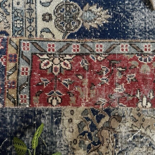 70×104パッチワーク ブルー×レッド ボタニカル トルコヴィンテージラグ