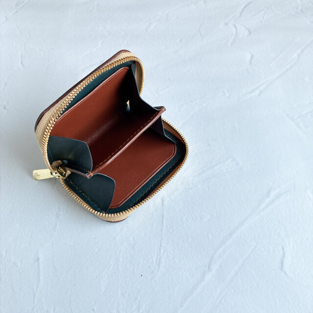 ラウンドジップミニ財布(ブルー×チョコ)　ミニマリスト　イタリアンレザー　バイカラー　小銭入れ　ラウンドファスナー