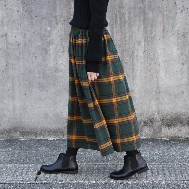 播州織 高品質 ネルチェック ギャザースカート（エバーグリーン）ポケット 両面起毛