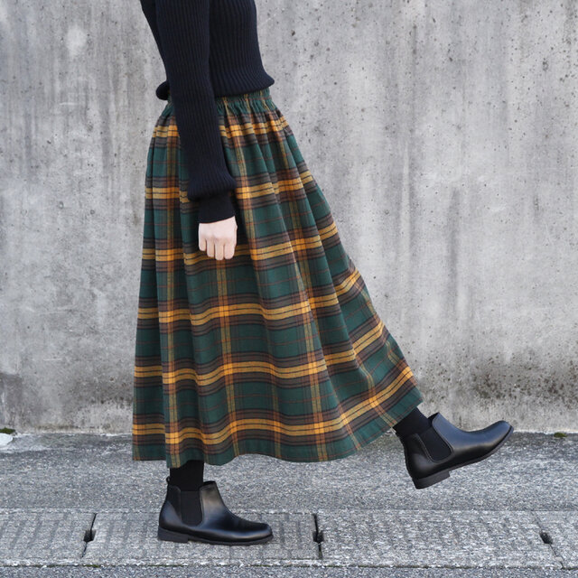 播州織 高品質 ネルチェック ギャザースカート（エバーグリーン