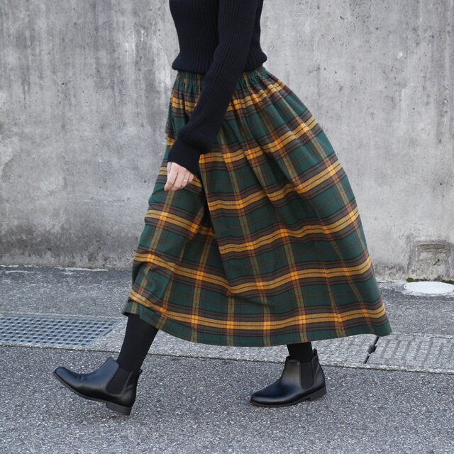 播州織 高品質 ネルチェック ギャザースカート（エバーグリーン