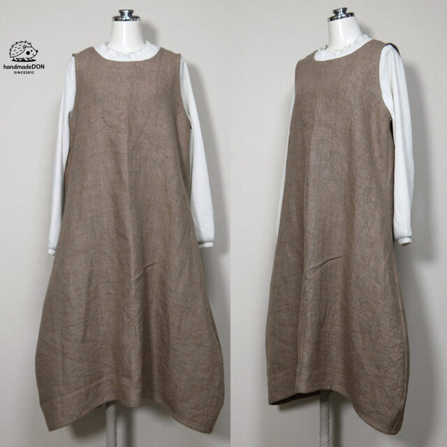 厚手リネン【ドンゴロス】パラソルジャンスカ◆ カフェラテ◆M・Ｌ・LL◆（リネン100％、6番手）　～ジャンパースカート～