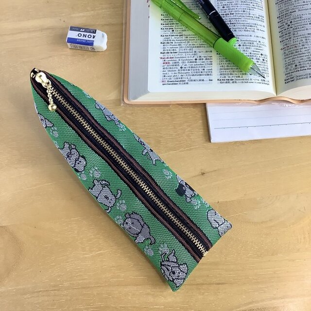 【犬】畳縁　テトラ型　ペンケース　和風　緑　ワンコ