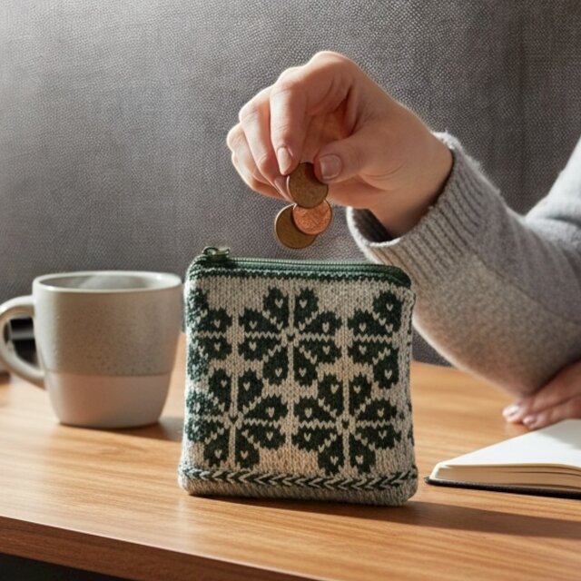 北欧柄手編みのミニポーチ/シェットランドウールグリーン