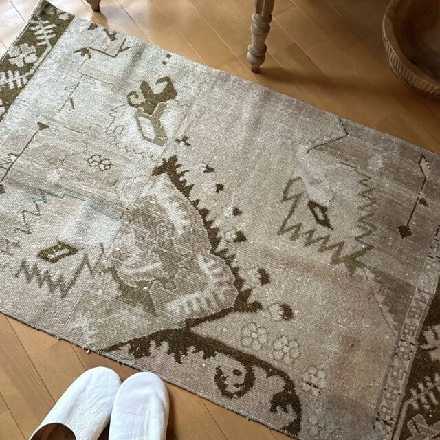 71×124ウール ベージュ×ブラウン パッチワーク トルコヴィンテージラグ