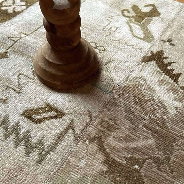 71×124ウール ベージュ×ブラウン パッチワーク トルコヴィンテージラグ