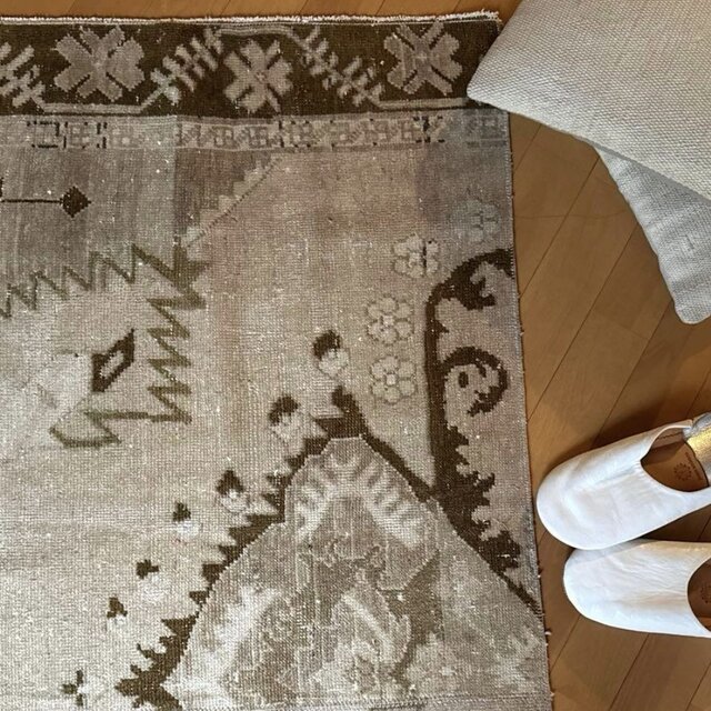 71×124ウール ベージュ×ブラウン パッチワーク トルコヴィンテージラグ