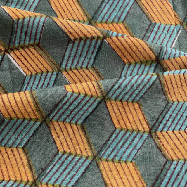 インド ブロックプリント生地 [50cm単位切売] バグルー ギザギザ模様 グリーン系 IN IF0409