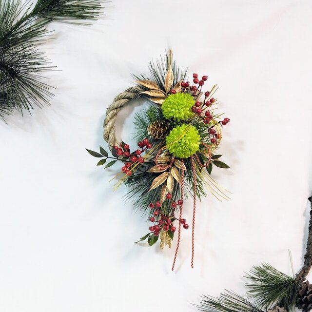 5.しめ縄リース お正月 しめ縄リース（緑)ピンポンマム ns620 アーティフィシャル