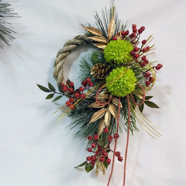 ◇◆しめ縄リース◆しめ縄◇お正月飾り お正月 しめ縄リース（緑)ピンポンマム ns620 アーティフィシャル