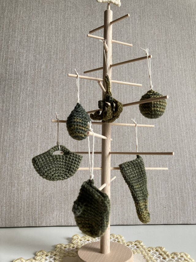 WOOL!クリスマスオーナメント*ソックス•バスケット•ミトン•ボール•ドロップ•ヤドリギ*６piece*カモフラージュ