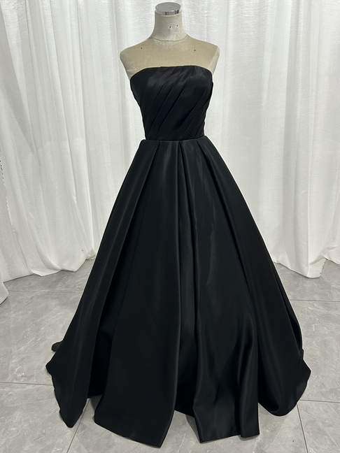 パーティードレス ブラック ベアトップ ハンドドレープ Aライン 光沢サテン 謝恩会 編み上げ