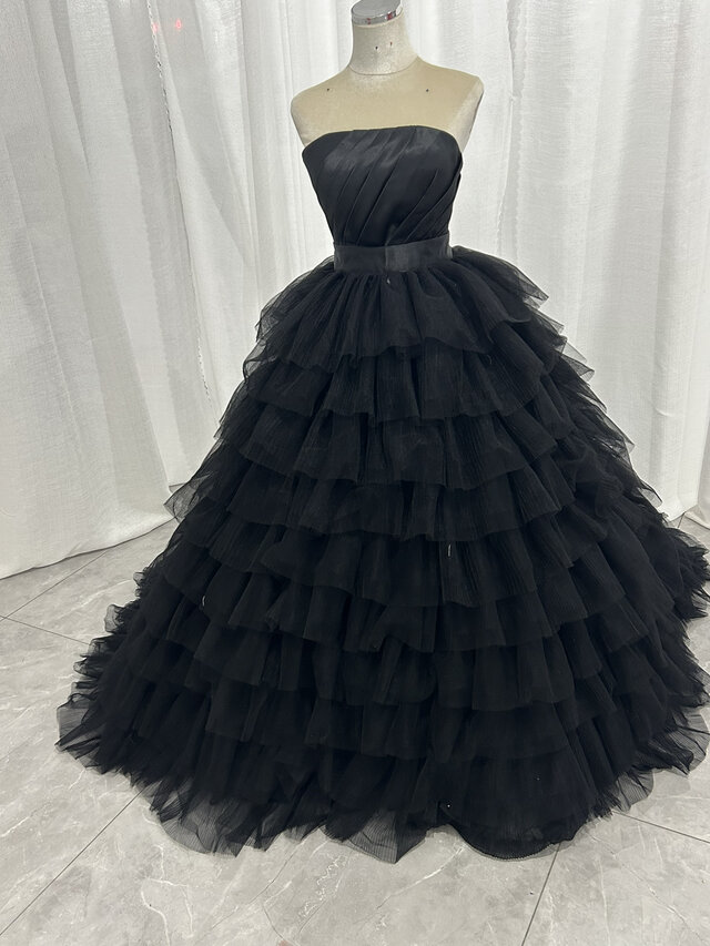 パーティードレス ブラック ベアトップ ハンドドレープ 柔らかく重ねたチュールスカート 取り外し 謝恩会 編み上げ