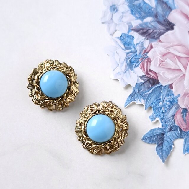 turquoise blue plastic cabochon vintage ヴィンテージイヤリング