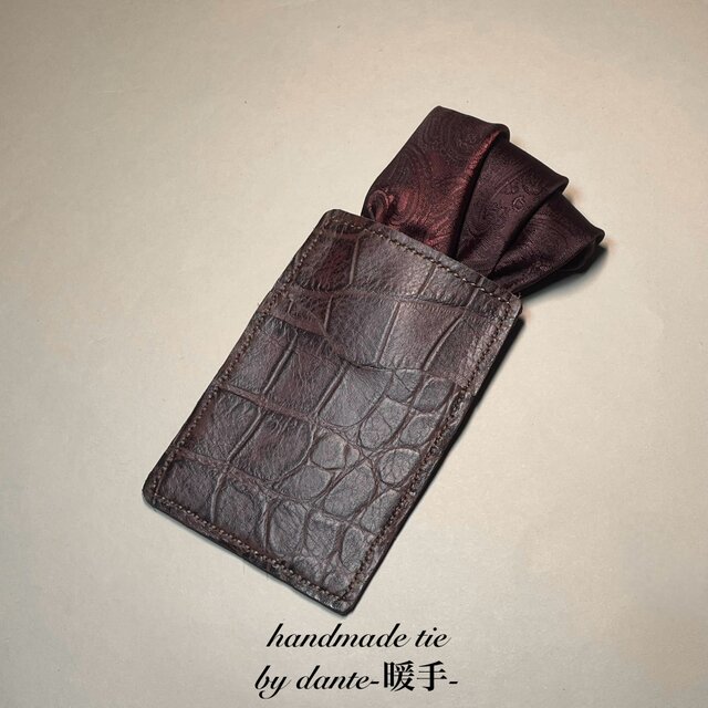 【受注製作】チーフ　レザー　ワインレッド　ペイズリー　ネクタイ　プレゼント　ギフト　
