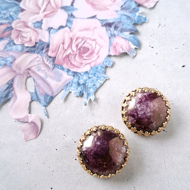 purple white marble round ヴィンテージイヤリング