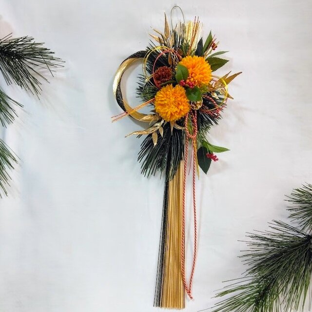 迎春水引飾り（黒金）ns86 ピンポンマム(オレンジ) Mサイズ アーティ