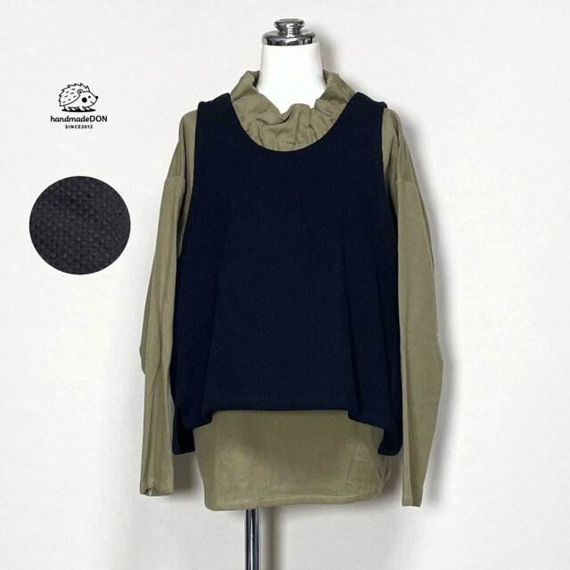 刺し子のショートベスト◆黒【コットンリネン刺し子】◆フリーサイズ