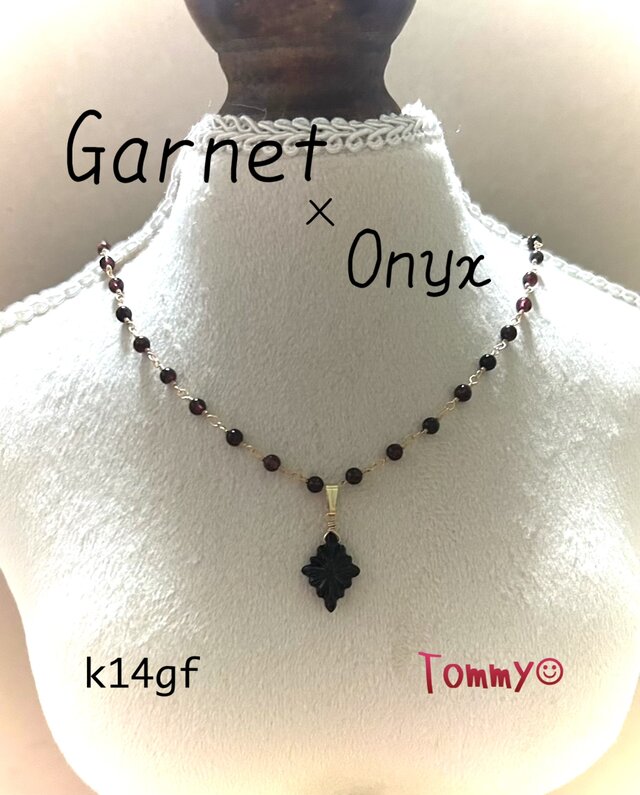 14kgf メガネ留めガーネットとブラックオニキスのネックレス