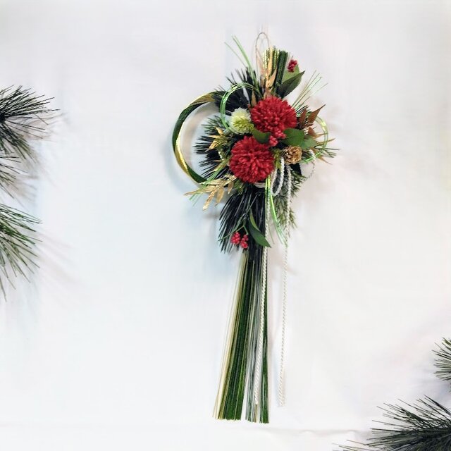 迎春水引飾り（金緑) ピンポンマム(赤) Ｍサイズ ns85 アーティフィシャルフラワー