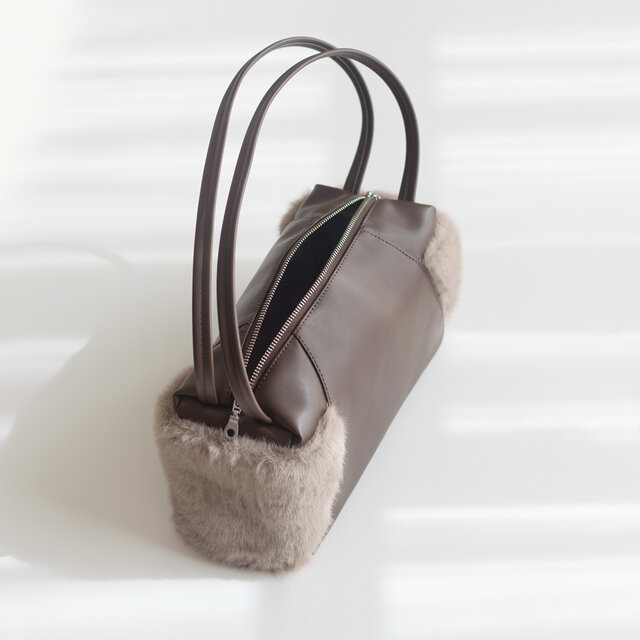 冬新作 PUxふわポケット ロングハンドルバッグ【チョコブラウンx