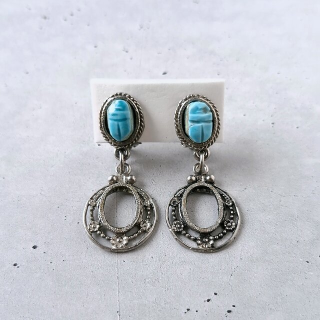 turquoise blue porcelain scarab silver hoop dangle ヴィンテージ