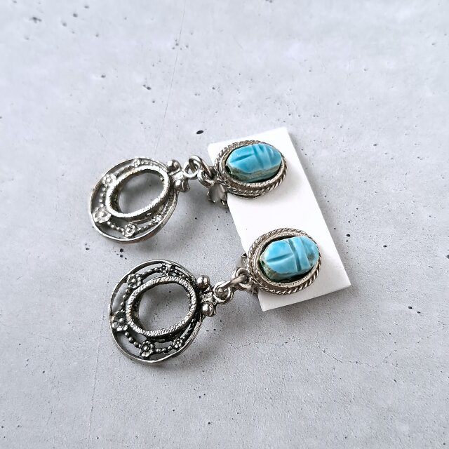 turquoise blue porcelain scarab silver hoop dangle ヴィンテージ