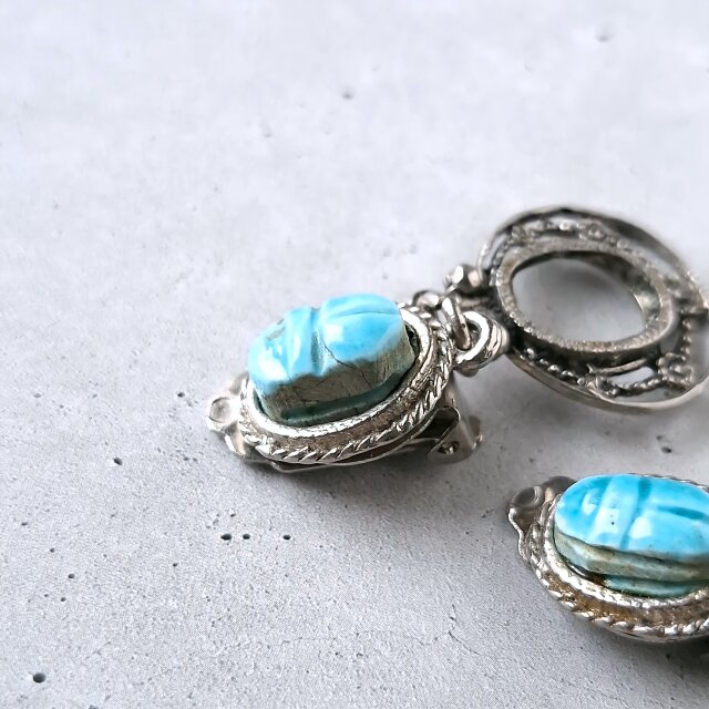 turquoise blue porcelain scarab silver hoop dangle ヴィンテージ