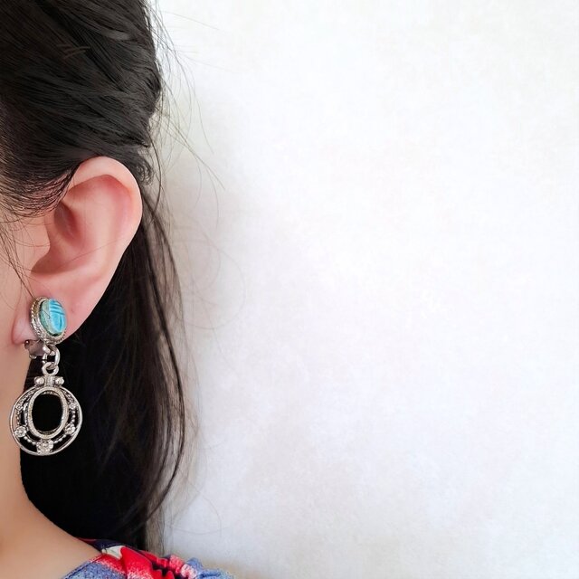 turquoise blue porcelain scarab silver hoop dangle ヴィンテージ
