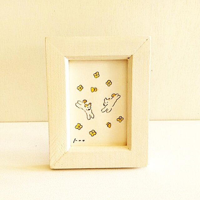 イラスト 原画 「楽しい春の日」※木製額縁入り　インテリアアート　犬のイラスト　ミニ原画