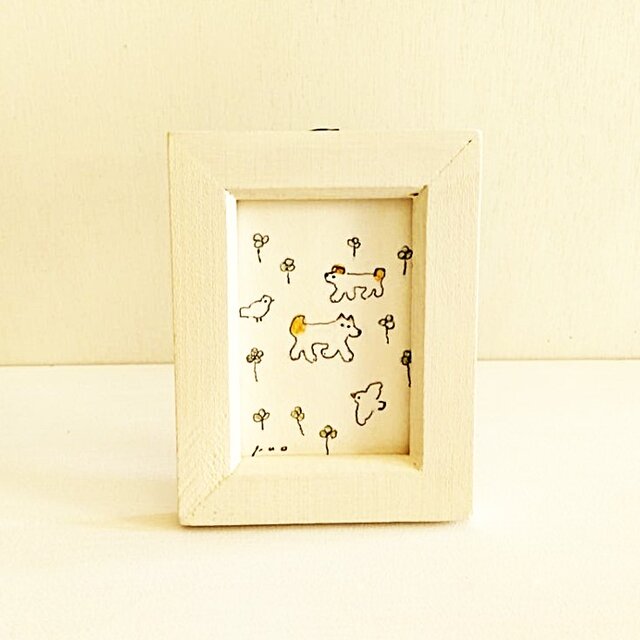 イラスト 原画 「クローバー」※木製額縁入り　インテリアアート　犬のイラスト　ミニ原画