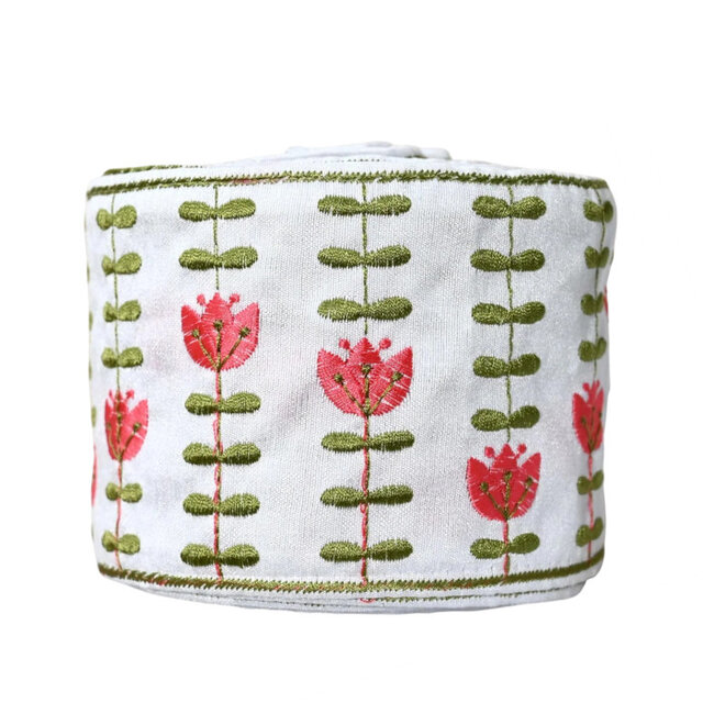 インド刺繍リボン50cm切り売り ピンクフラワー 9.0cm幅 花 HC R-0783