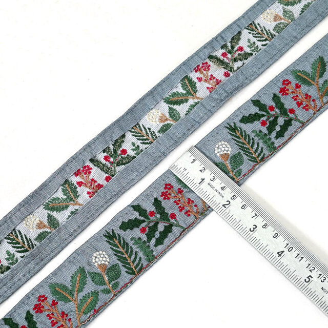 インド刺繍リボン50cm切り売り クリスマス プランツ ブルー 4.5cm幅