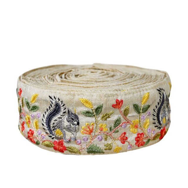 インド刺繍リボン50cm切り売り リスの森 ベージュ 5cm幅 花 HC 栗鼠 りす 秋 冬 動物 R-0786