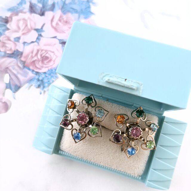 openwork heart petals colorful rhinestone ヴィンテージイヤリング