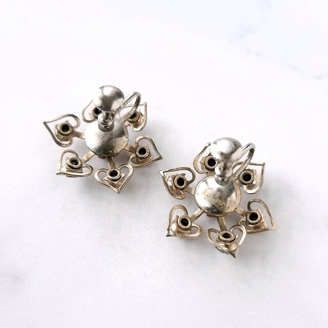 openwork heart petals colorful rhinestone ヴィンテージイヤリング