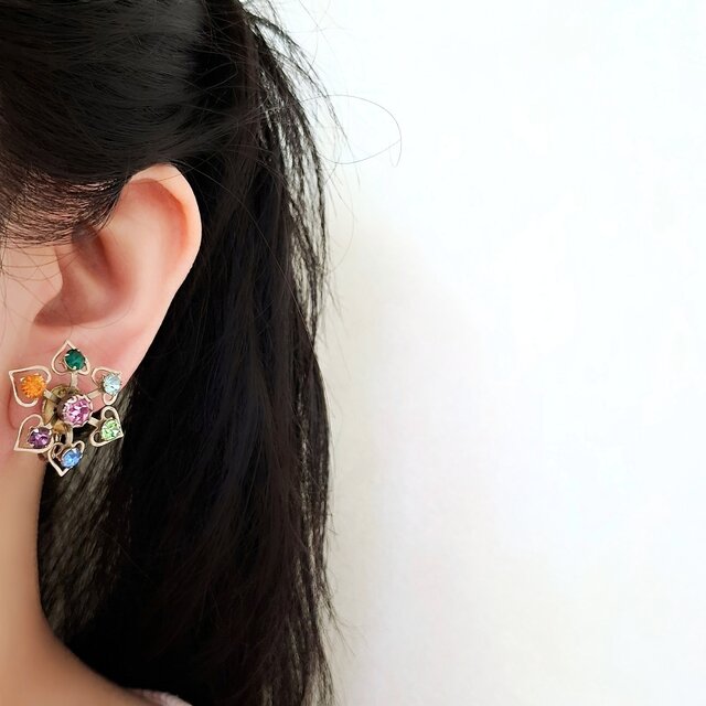 ヴィンテージ イヤリング openwork heart petals colorful rhinestone ヴィンテージイヤリング