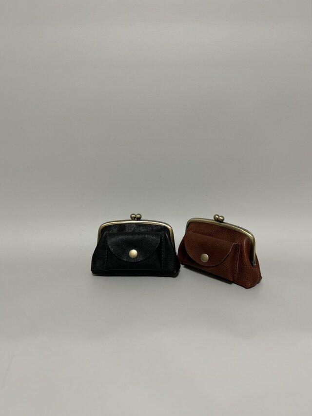 姫路レザー親子がま口財布◆黒　外ポッケ付き　懐かしいがま口　革財布　カード入れ