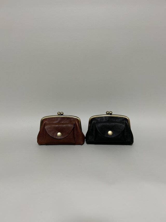 姫路レザー親子がま口財布◇焦げ茶 外ポッケ付き 懐かしいがま口 革