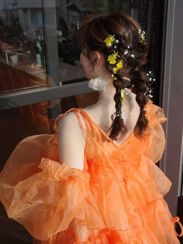 実例写真！パーティードレス オレンジ キャミソール プリンセスライン ラッフルフリル 可愛い 前撮り ハンドメイド