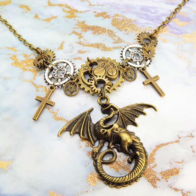 スチームパンク風アンティークゴールドのドラゴンと歯車のネックレス ロザリオ アジャスター付