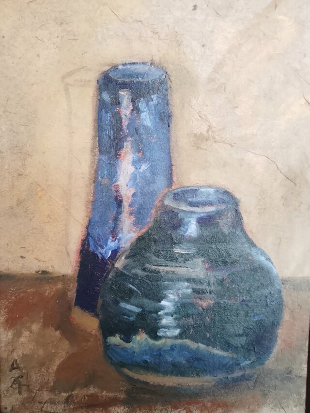 二個青色な花瓶。油絵。