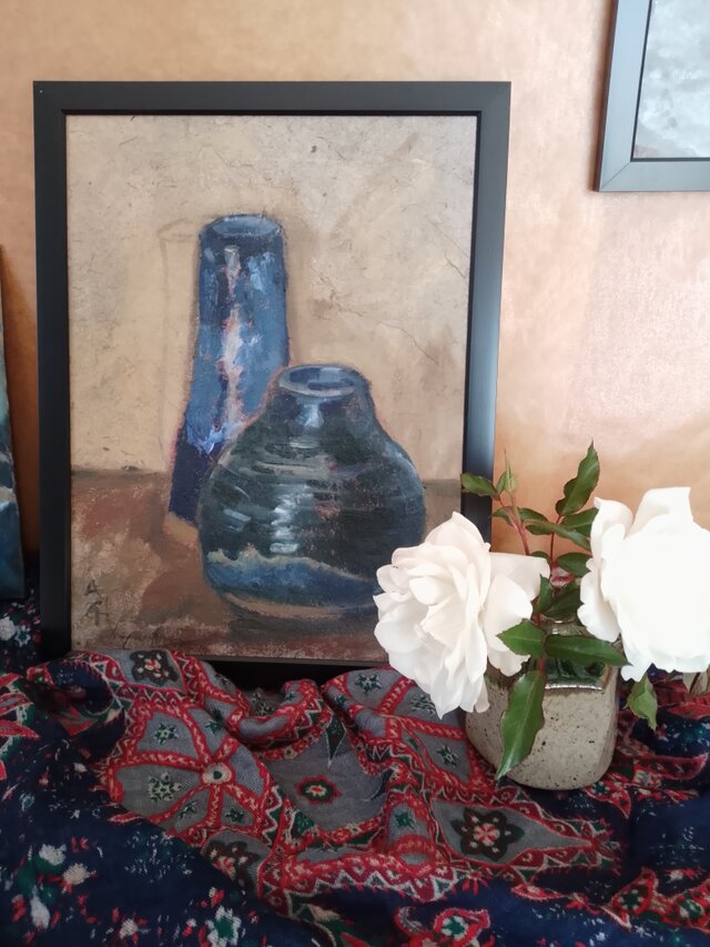 油絵　よっこ　ふたつのうつわと青い花 油絵 よっこ様専用 ふたつのうつわと青い花