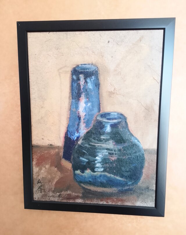 二個青色な花瓶。油絵。 | iichi 日々の暮らしを心地よくする