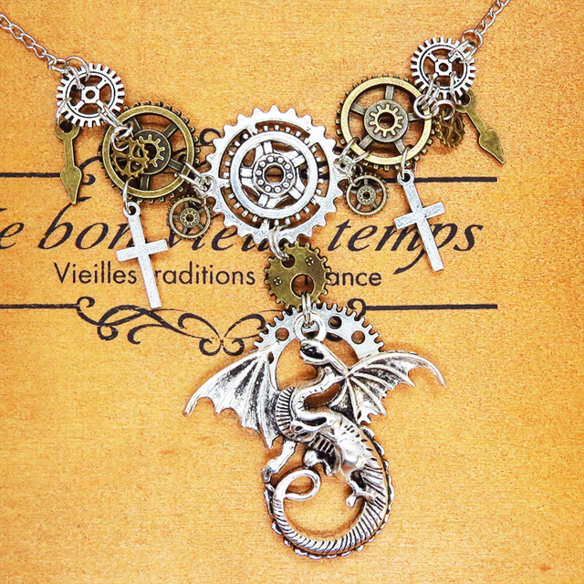 アンティークシルバー ドラゴン（竜）と歯車の本格的スチームパンク多層多重ネックレス ロザリオ 長さ調整可 アジャスター付