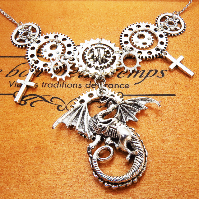 スチームパンク風アンティークシルバーのドラゴンと歯車の多重多層ネックレス アジャスター付 長さ調整可