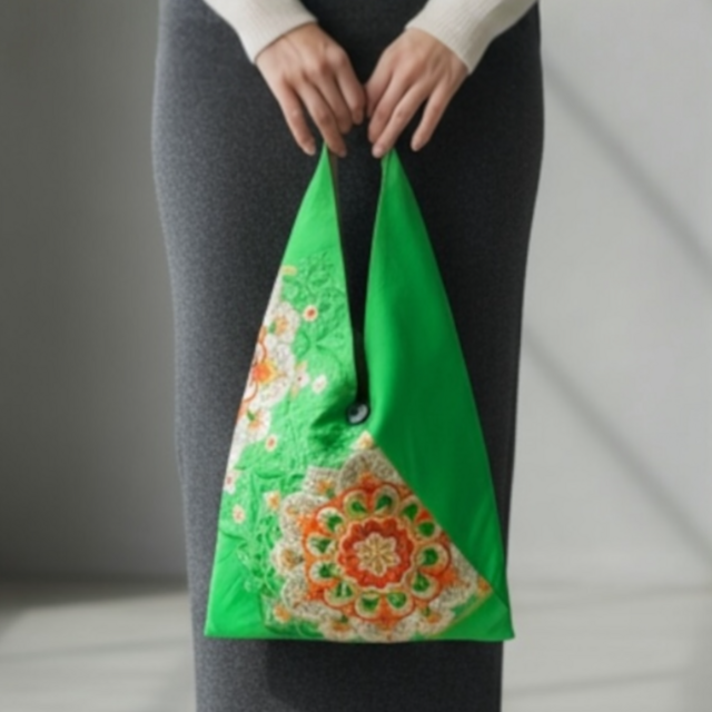 あずま袋【送料込み】帯リメイク　グリーン